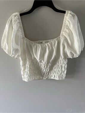 Elodie White Smocked Puff Sleeve Crop Top Size Large